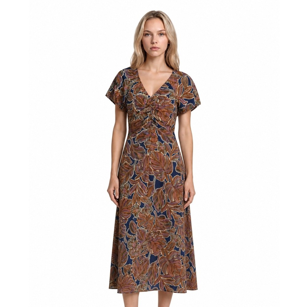 New Jigsaw London Midi Dress‎ Women's Size 4 Navy Blue Floral Ruched V Neck